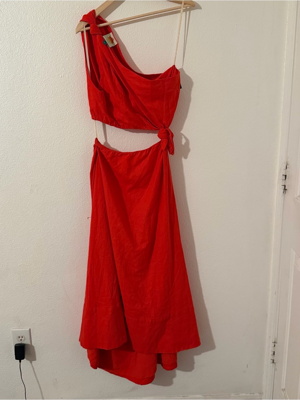 FARM Rio Red Linen Blend Asymmetrical Cutout One-Shoulder Maxi Dress Size Large